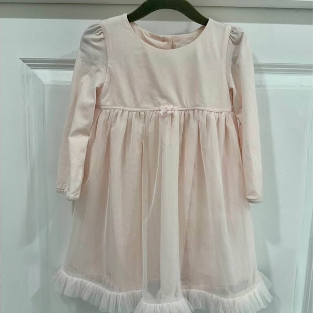 Toddler Girls Long Sleeve Pale Pink Tulle Dress with Bow